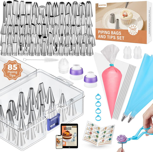Kootek 140Pcs Icing Piping Bags and Tips Set, Frosting Piping Kit with 78 Numbered Icing Tips, 7 Russian Tip, 42 Pastry Bags