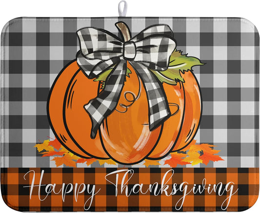 Fall Pumpkin Dish Drying Mats Thanksgiving Kitchen Drying Mat Buffalo Plaid Microfiber Large Dish Dryer Pad Maple Leaves