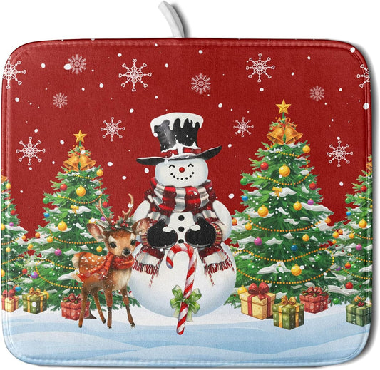 Christmas Snowman Dish Drying Mat for Kitchen Counter,Christmas Tree Winter Snowflake Red Drying Mat 16 x 18 Inch with High