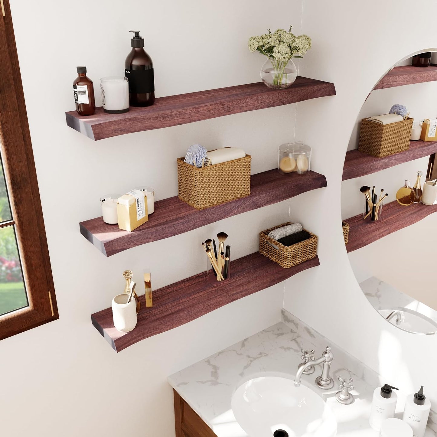 Howizz 36'' Live Edge Floating Shelves for Wall, Acacia Wood Wall Mounted Shelves with Invisible Brackets, Rustic Wooden Shelf Set of 2 for Living Room, Bedroom, Bathroom, Kitchen Decor, Cherry