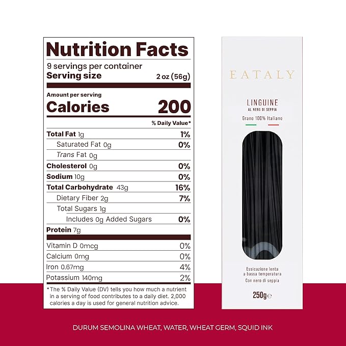 Eataly Italian Linguine with Squid Ink Pasta Noodles - 250g (8.8 oz.) Box -Authentic Durum Semolina Wheat - Made in Italy- Dried Pasta for Gourmet Dining, 1 Pack