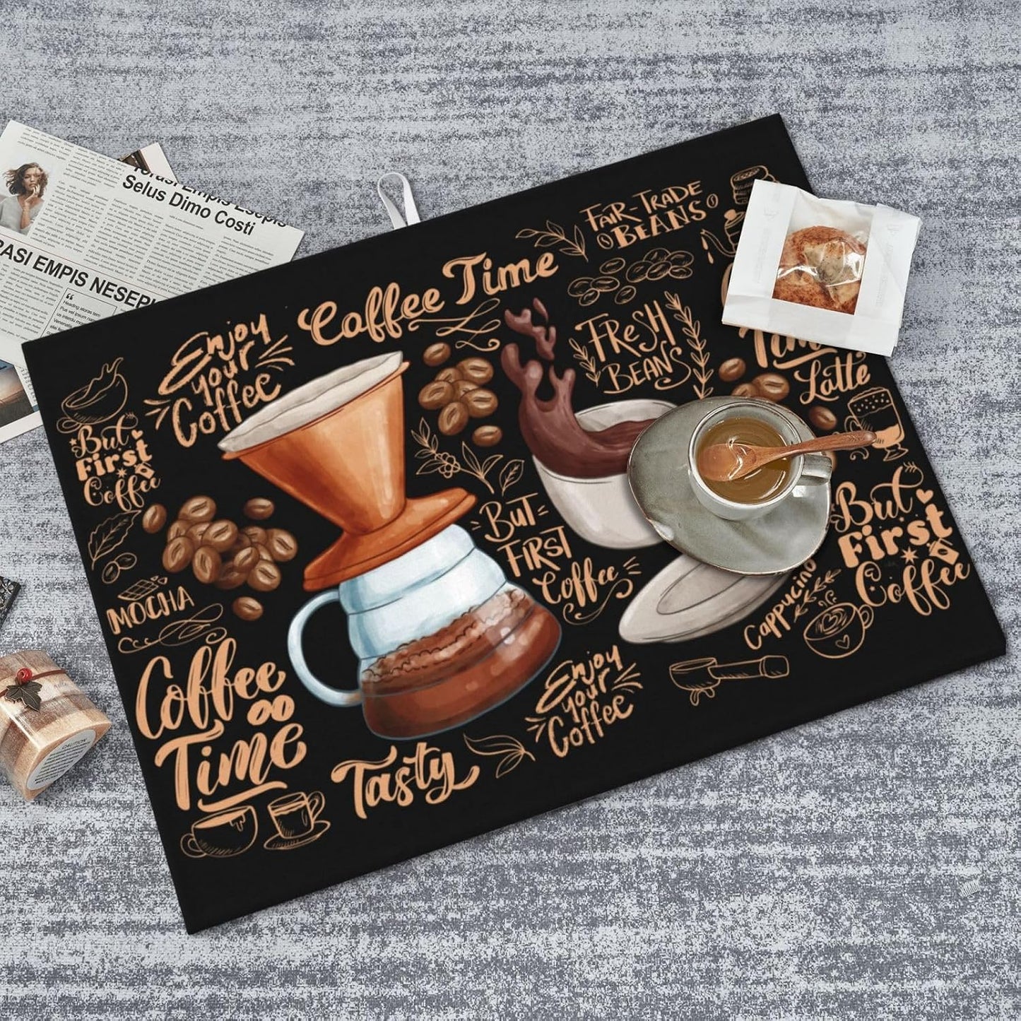 Fun Coffee Dish Drying Mat, Kitchen Counter Pad, 18*24" | CVFGHJOKC Dish Drying Mat, Highly Absorbent Microfiber Kitchen Counter Pad Reusable Washable, 18*24"