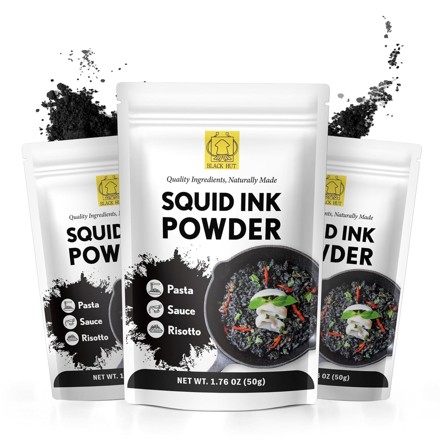 Black Hut Squid Ink Powder for Cooking, Black Food Coloring, 1.76oz, 3 Pack | Coloring Powder for Rice Noodles Pasta Spaghetti Risotto, Squid Ink for Cooking, Halal Certificate