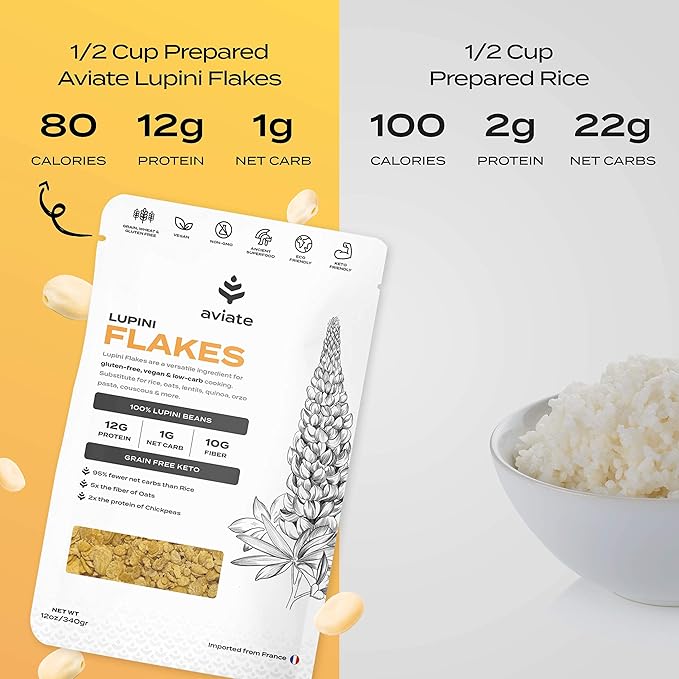Aviate Lupini FLAKES - Keto "Oats" & Vegan Friendly Superfood - Non-GMO, Gluten Free - High Protein - Low Calorie & Low Carb - Rich in Dietary Fiber and Minerals - 100% Lupin Beans - 12 Ounces (Pack of 1)