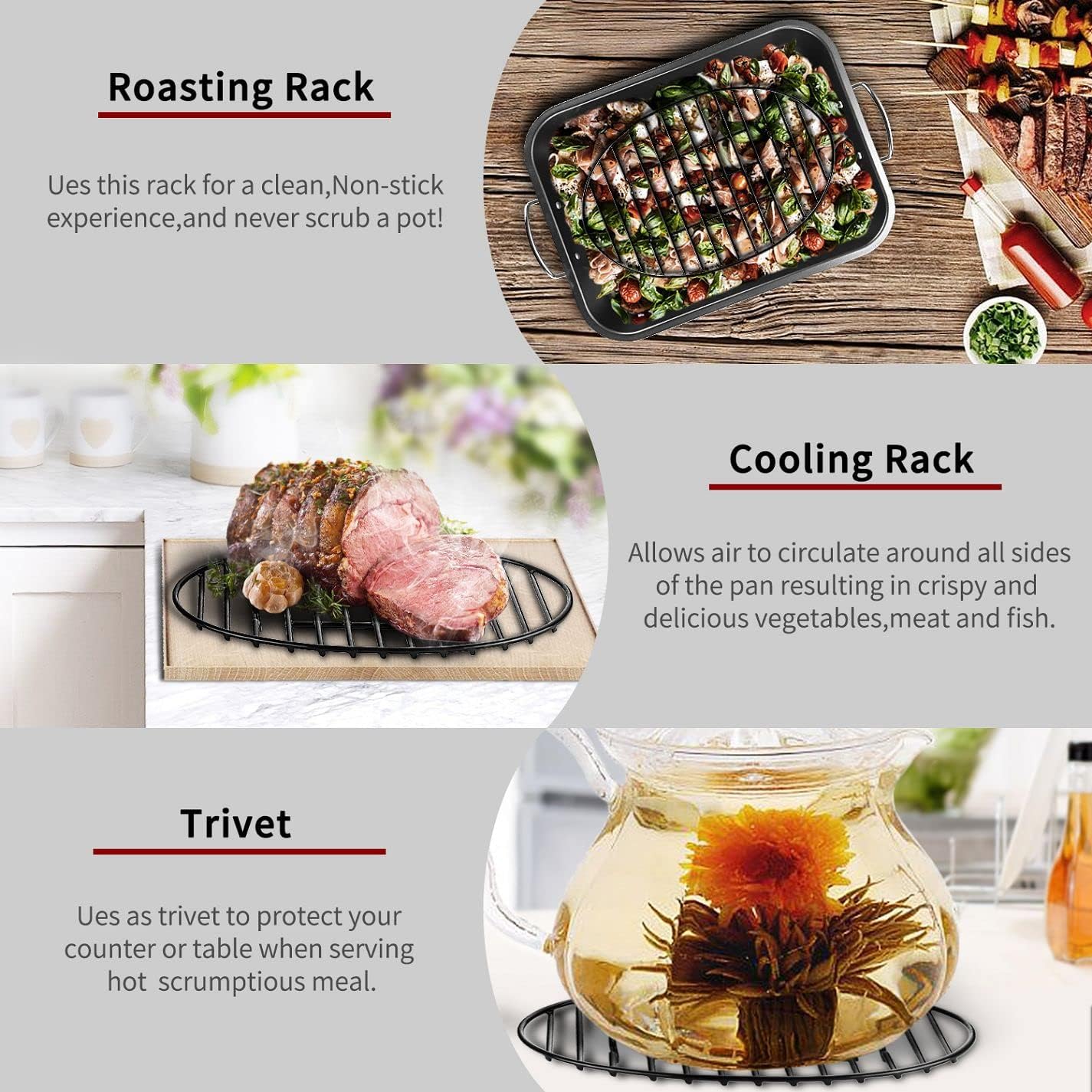 Roasting Rack with Integrated Feet, Cooling Drying Rack With Enameled Coating, PTFE Free, Great for Cooking, Roasting, Drying, Grilling, Dishwasher Safe (12.5"x8.5")