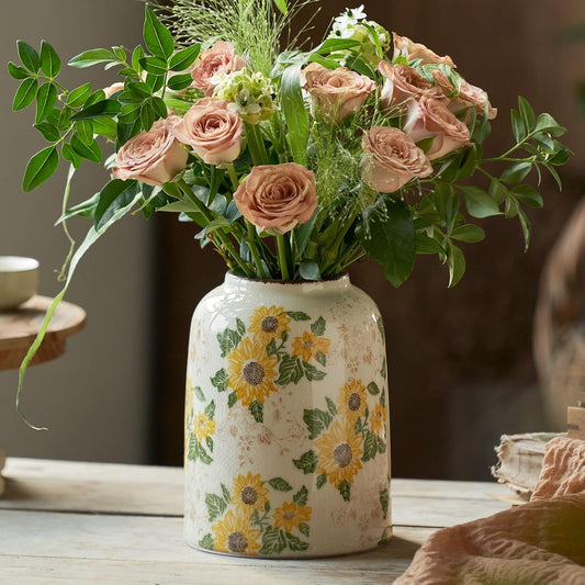 Vintage Ceramic Vase, 7.9 Inch Chinoiserie Sunflower Yellow Floral Vases, Retro Ice Cracked Rustic Antique Flower Vases for