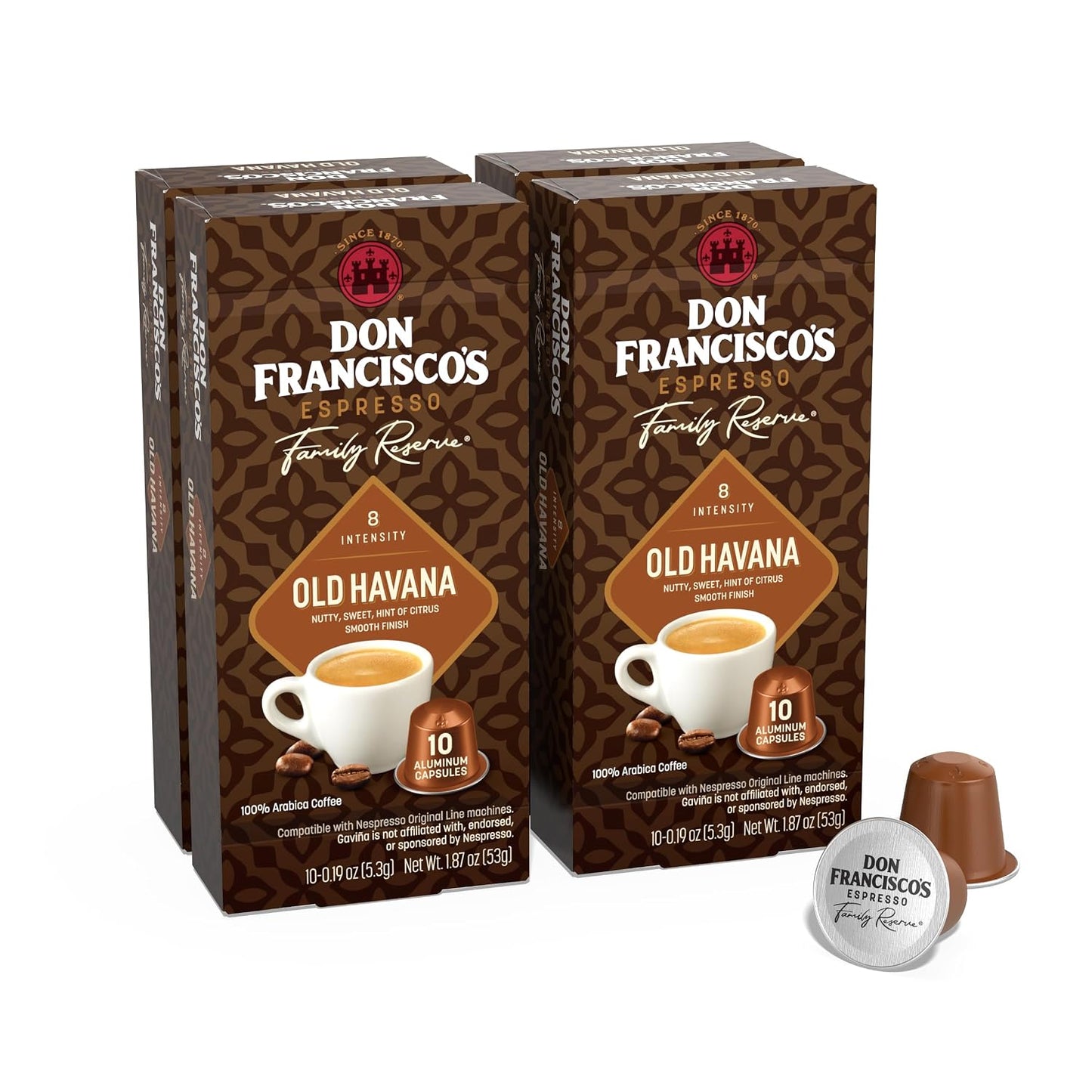 Don Francisco's Old Havana Espresso Capsules, Med-Dark Roast, 40ct | Compatible with Nespresso Original Machines, 100% Arabica Coffee, Aluminum Capsules, Simple Convenient Mess-Free Espresso