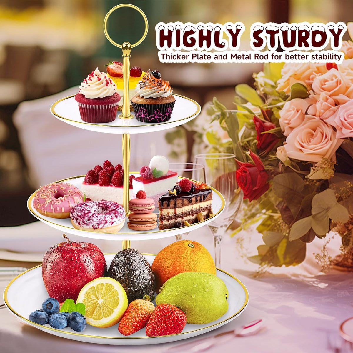 PinCute Cupcake Stand Holder - 3 Tier Cup Cake Dessert Tower, Plastic Tiered Serving Tray&Metal Rod for Birthday Party, Baby Shower and More