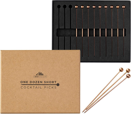 A Bar Above Cocktail Picks, 12 Short 4 Inch Stainless Steel Picks, Copper | Reusable Garnish Sticks, For Martinis and Appetizers, Olives and Shrimp, Bar Accessory, Party Serving Skewers, Bar Cart Piece