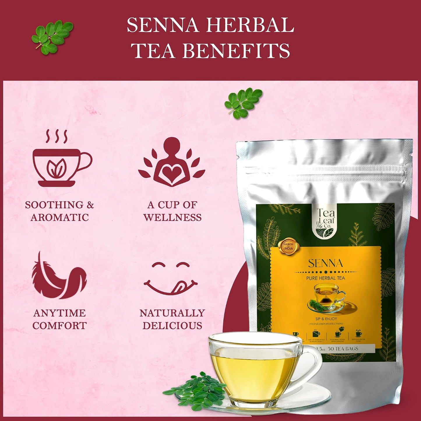 Senna Herbal Tea (100 gm/3.5 oz), Natural Herbal Infusion, 50 Tea Bags