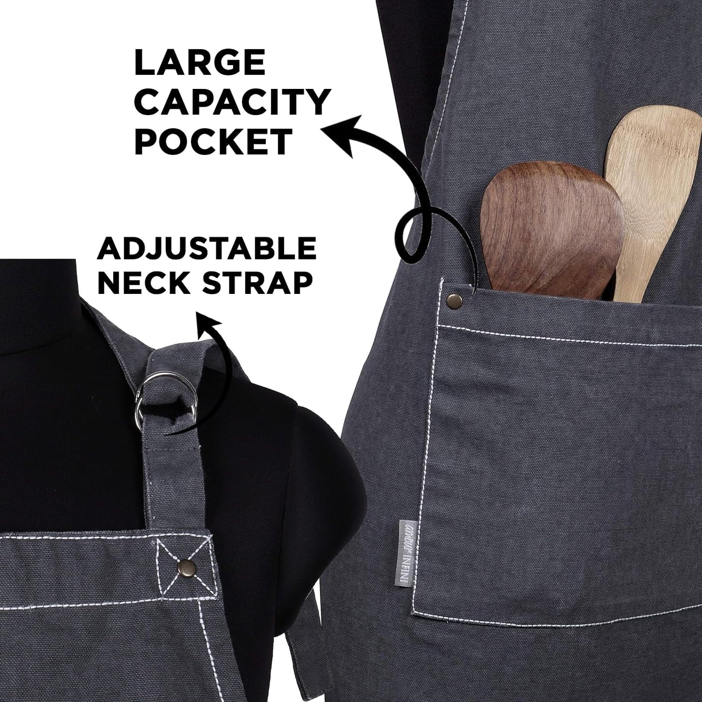 Cotton Solid Aprons for Women with Pocket, Adjustable Strap and Waist Ties Washed Chef Aprons for Cooking, Baking and Gardening (27.5 x 33 Inches - Gray)