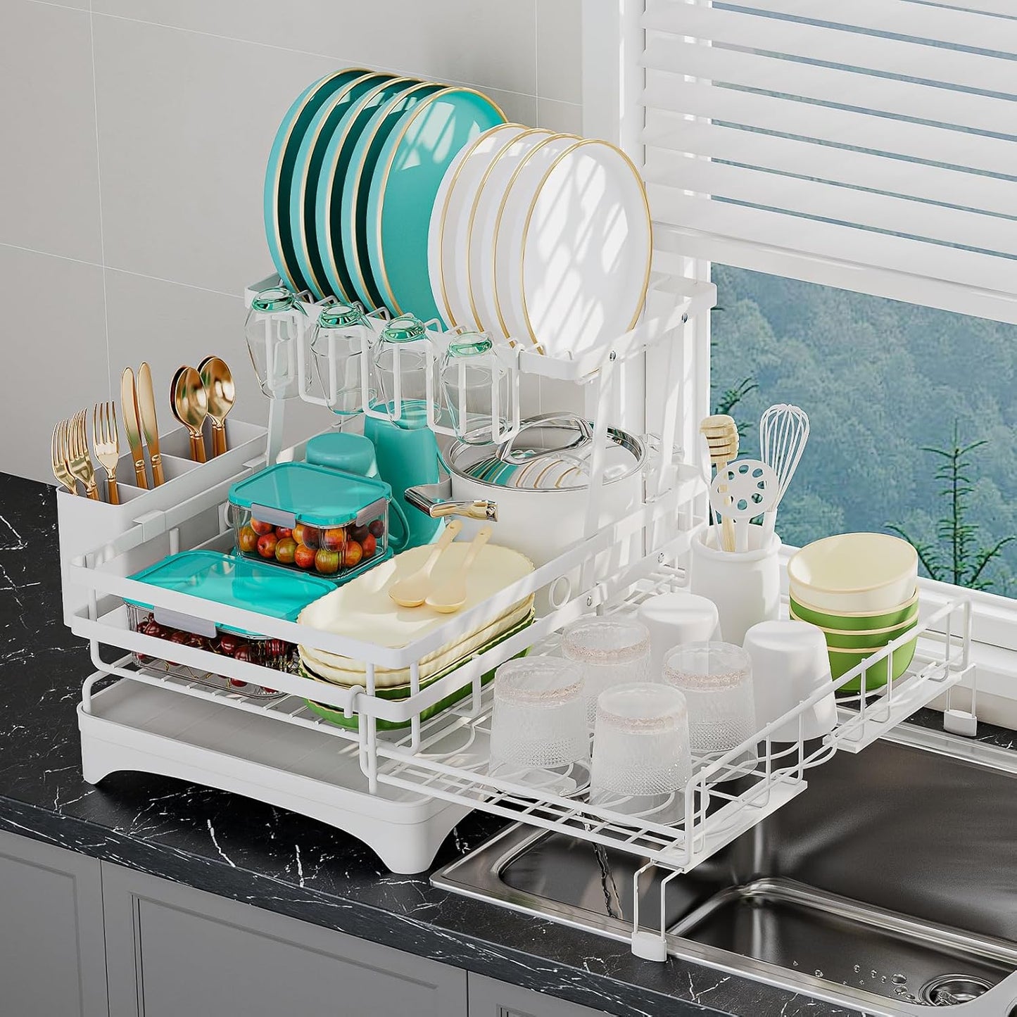2 Tier Large Dish Drying Rack - Extendable Dish Rack, 2-in-1 Anti-Rust Stainless Steel Dishrack for 