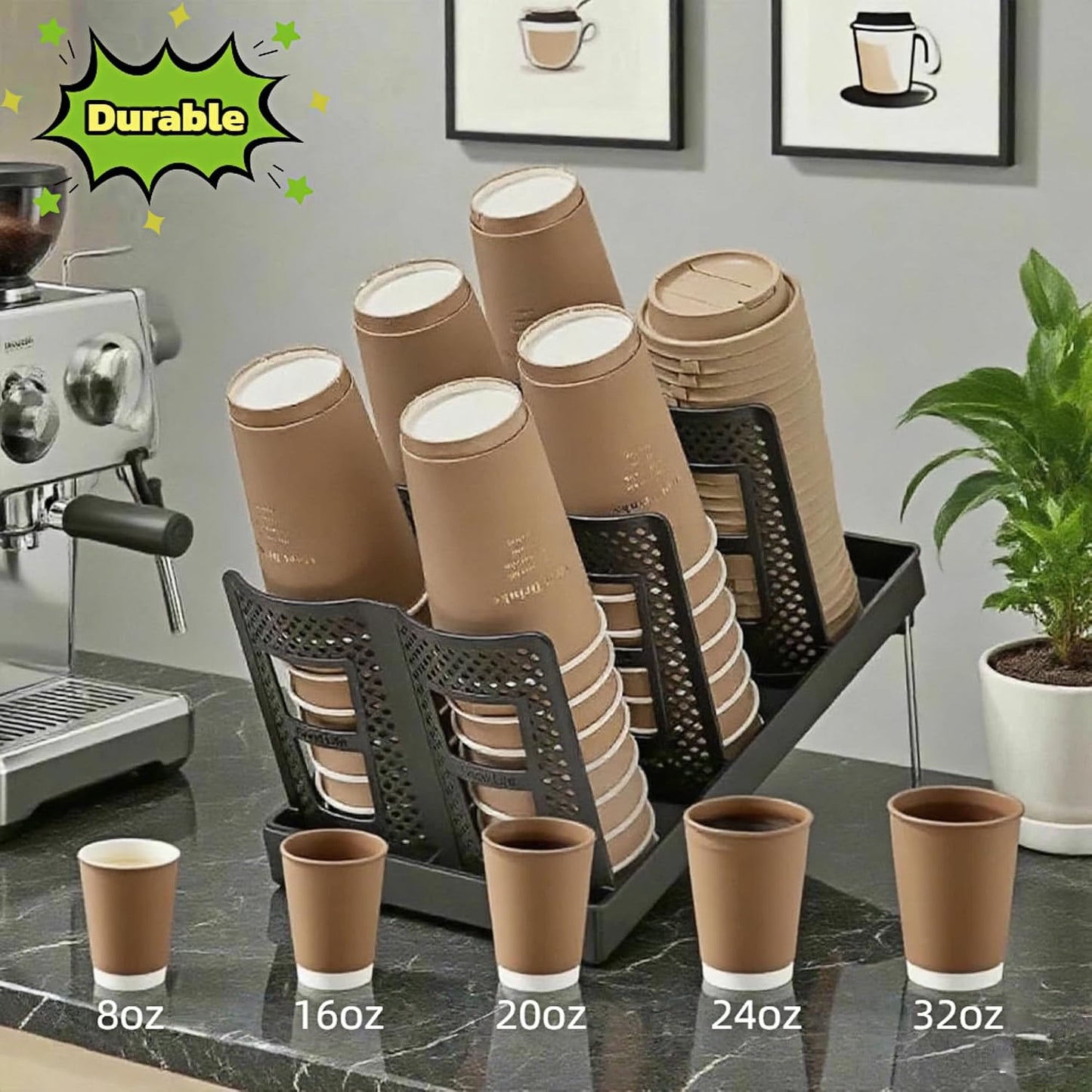 Coffee Cup Holder,Cup Lid Dispenser and Organizer Display Stand,Cup Display Stand on Restaurant,Bathroom,Kitchen,Coffee Shop.Suitable for Cups Ranging from 12 to 32 oz,6Slots