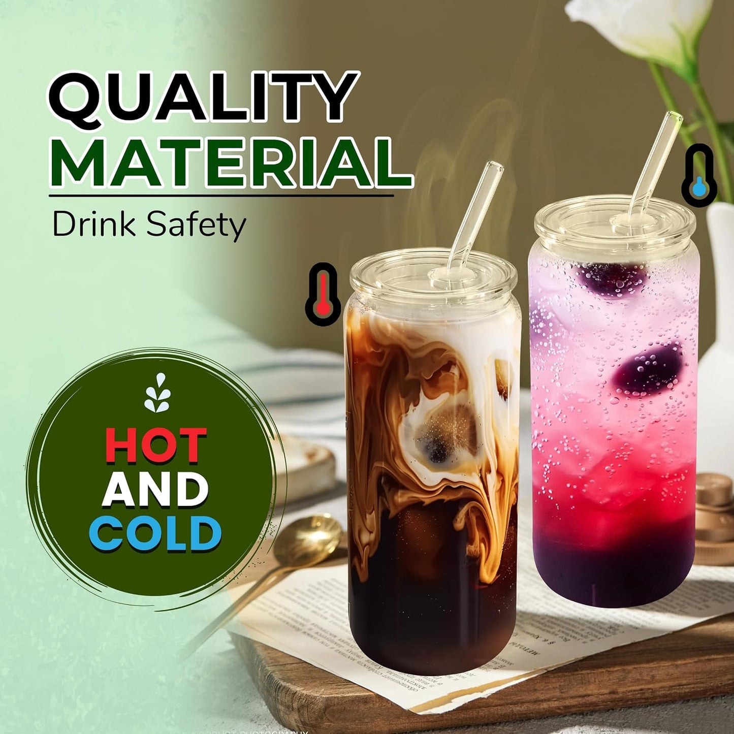 Joyclub 2pcs Glass Cups with Acrylic Lids and Straws 20 oz Drinking Glasses | Can-shaped glasses cute glass tumbler include 2 cleaning brushes, reusable iced coffee cup for party favors cafe shop gifting