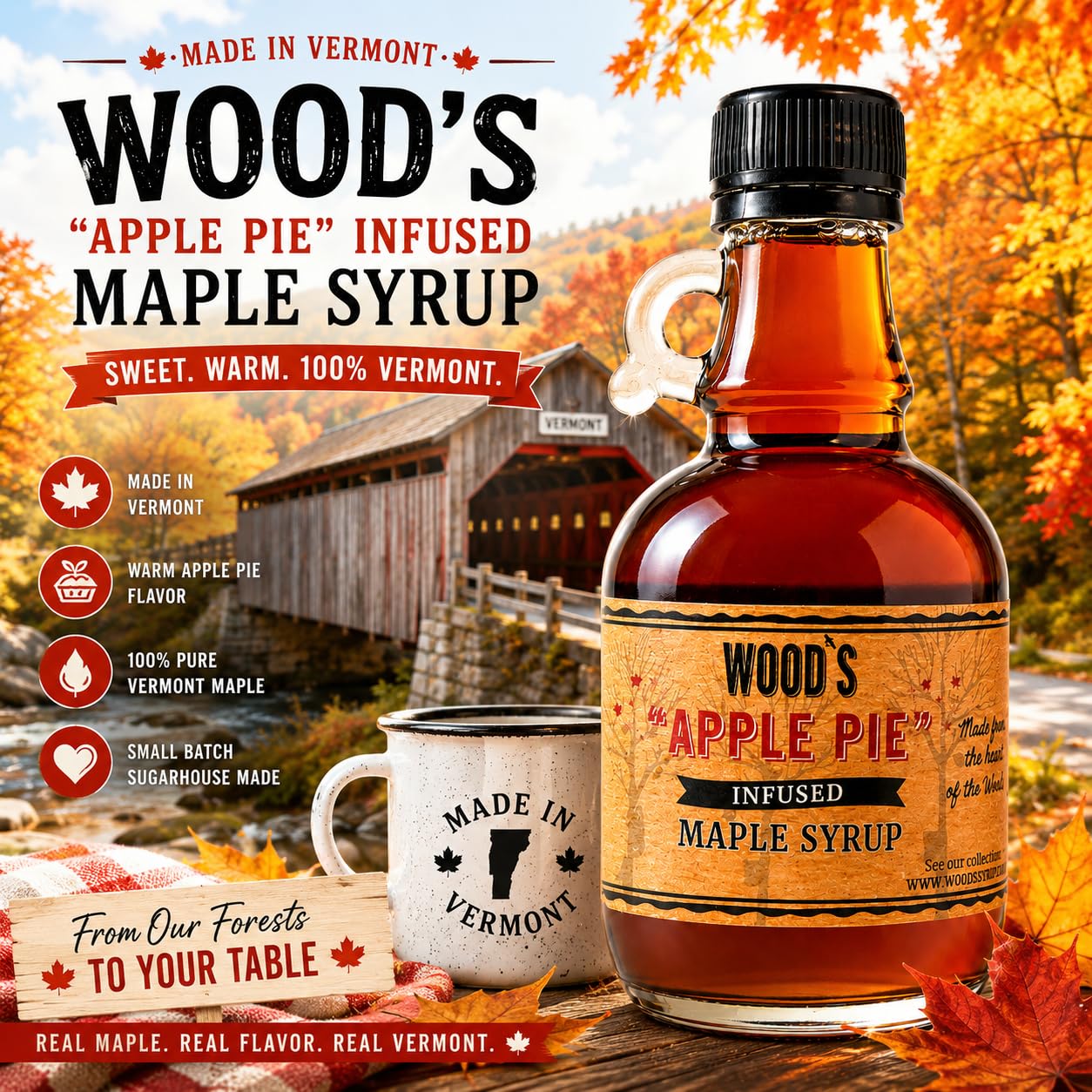 Wood’s Vermont Apple Pie Maple Syrup – Infused Vermont Maple Syrup with Warm Spices &amp; Real Apple Flavor | Small-Batch, Vegan Natural Sweetener | Perfect for Pancakes, Ice Cream, Cocktails &amp; Baking | 8.45 Fl Oz (250mL)