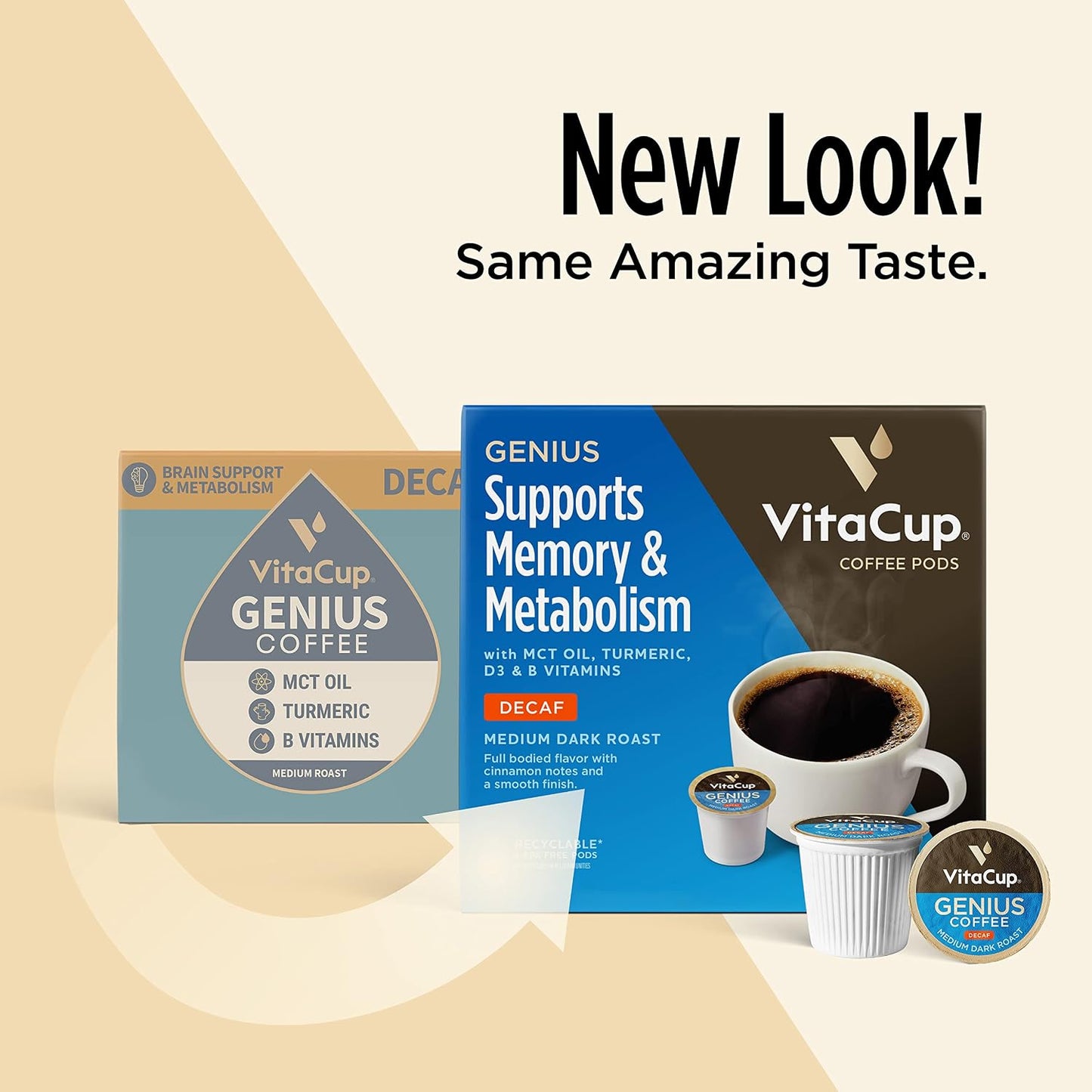 VitaCup Decaf Genius Keto Coffee Pods with MCT Oil, Turmeric, and Vitamins B1, B5, B6, B9, B12, D3 for Focus in Recyclable Single Serve Pod Compatible with K-Cup Brewers Including Keurig 2.0, 64 CT | D3, MCT Oil, Turmeric