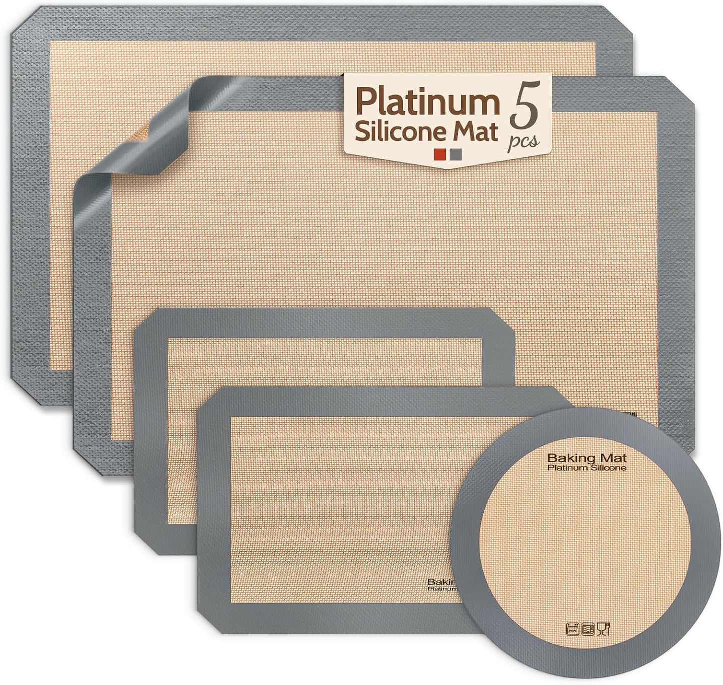 Sopito Platinum Silicone Baking Mat, Non-Stick Silicone Baking Sheet, 5 Pcs | Reusable, Food-Grade, Heat Resistant to 480℃, Dishwasher Safe, Half-sheets, Quarter-sheets, and Round Mat Set, Versatility