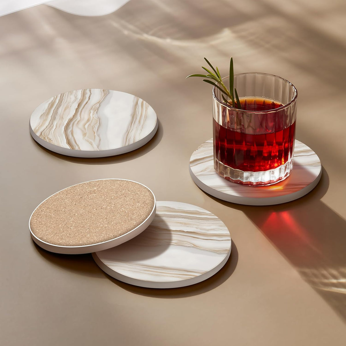 VEYRO Coasters Set of 6 for Drinks – Absorbent Ceramic Stone Drink Coasters with Cork Backing for Coffee Table & Desk, Modern Marble Look Cup Coaster Set, Housewarming Gift for New Home