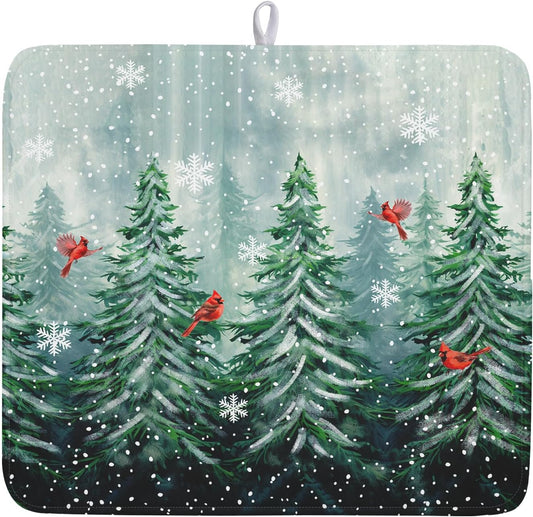 Welcome Winter Pines Tree Dish Drying Mat, Winter Snowflake Dish Drying Mat for Kitchen Counter, Red Birds Absorbent Fast Dry Dish Drainer Mat Protector Xmas Microfiber Dish Drying Pad 16"x18"