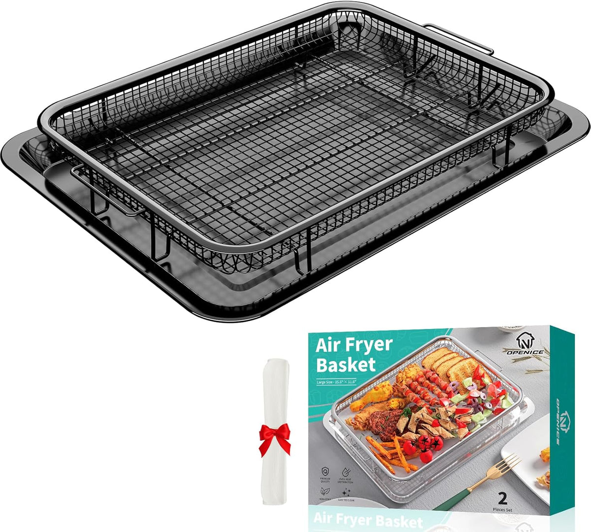 OPENICE Air Fryer Basket for Oven, Oven Air Fryer Basket and Tray Set | 15.3" x 11.0" Stainless Steel Air Fryer Tray and Pan with 30 PCS Parchment Paper for Baking Air Frying