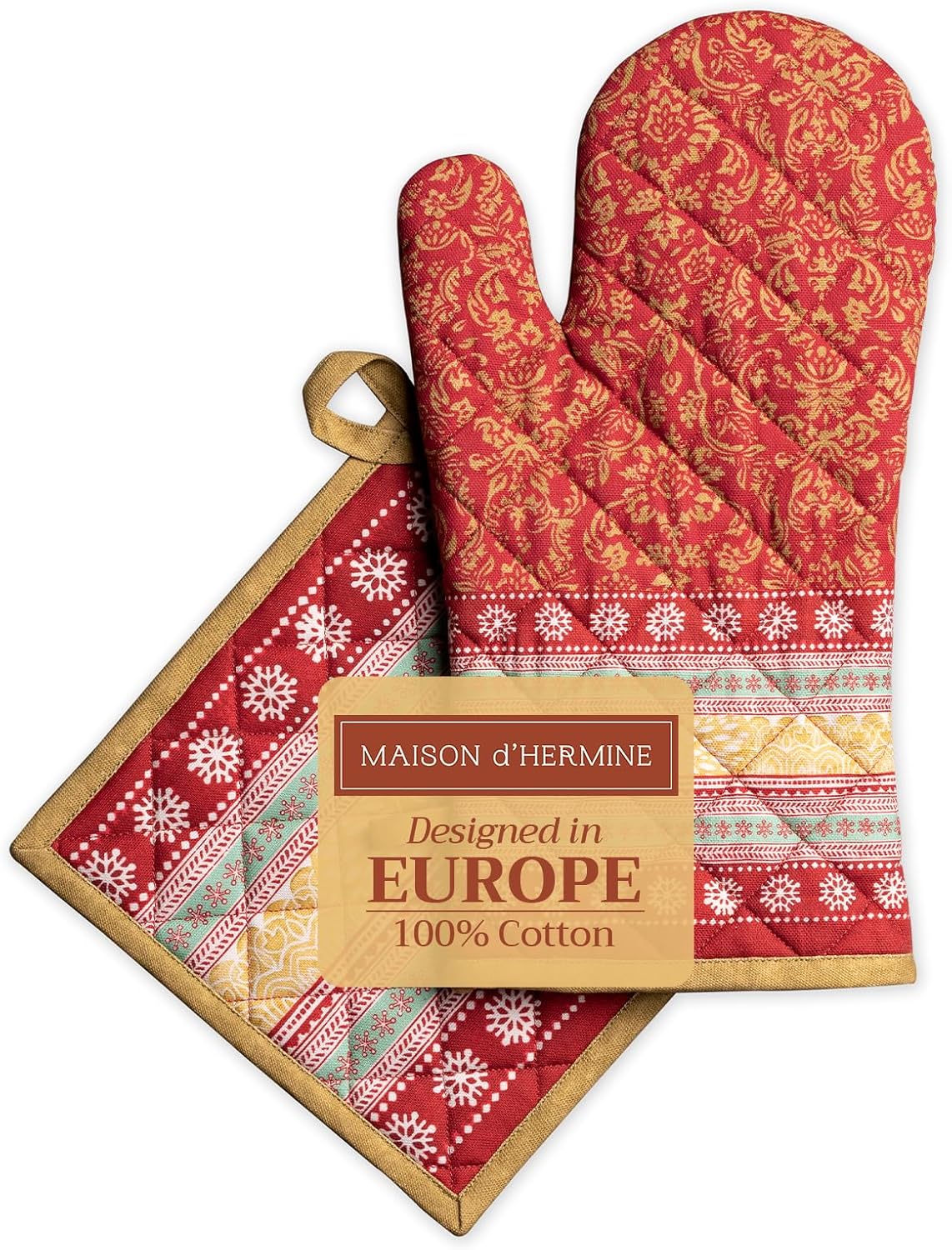 Maison d' Hermine 100% Cotton Oven Mitt & Pot Holder Set (7.5"x13" & 8"x8") Heat Resistant BBQ Cooking Gloves with Loop, Baking, Grilling, Kitchen, Handling Hot Pans (Sofia)