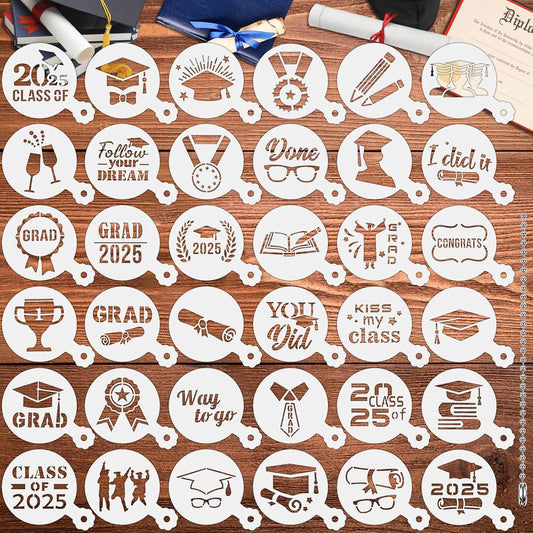 JULBEAR Graduation Cookie Stencils, 36 Pieces Class of 2025 Reusable Coffee Decoration Stencils Templates Tools for Cookies