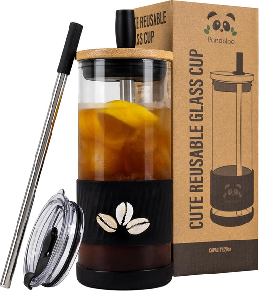 Pandaloo® Glass Cups With Lids and Straws -20 Fl Oz- Hand Made cool shell-raffia detail- Perfect Size Iced Coffee Cup -