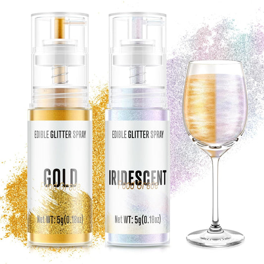 Edible Glitter Spray,2 Colors Gold & Iridescent Food Grade Edible Glitter Set for Drink Cake Beverages,Cupcakes,Cake Pops