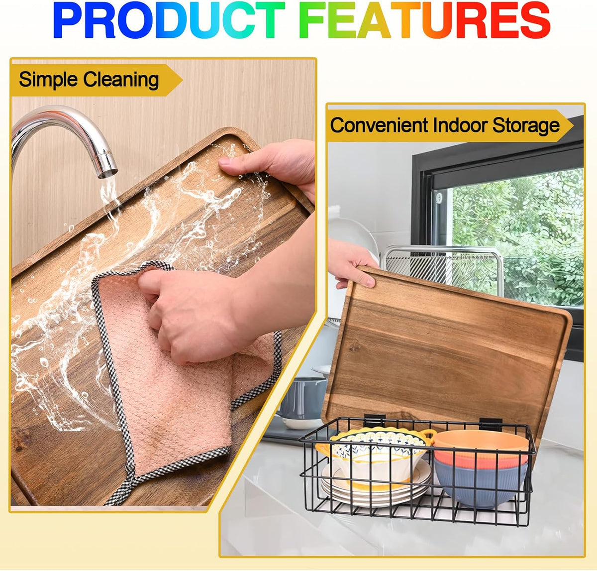 2 Pcs Acacia Wood Serving Tray, Rectangular Wooden Serving Platters Charcuterie Board, Large Wood Kitchen Display Tray for Food, Cookie, Dessert, Fruit, Snack, Vegetable, 16.6" x 12.6" x 0.6"