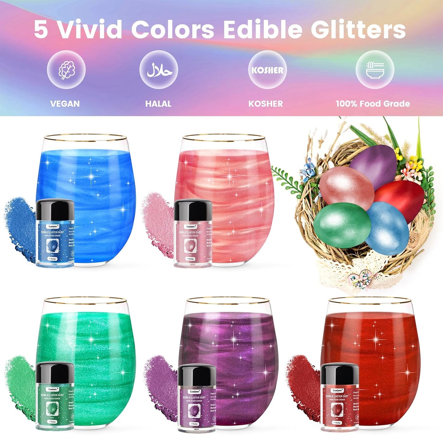 5 Colors Edible Glitter Set, Food Grade Edible Glitter for Drinks, Flavorless Luster Dust Shimmer Powder for Baking, Cakes, Cocktails, Beverages, Strawberries, Cookies, Candies, Fondant (5g/Bottle)