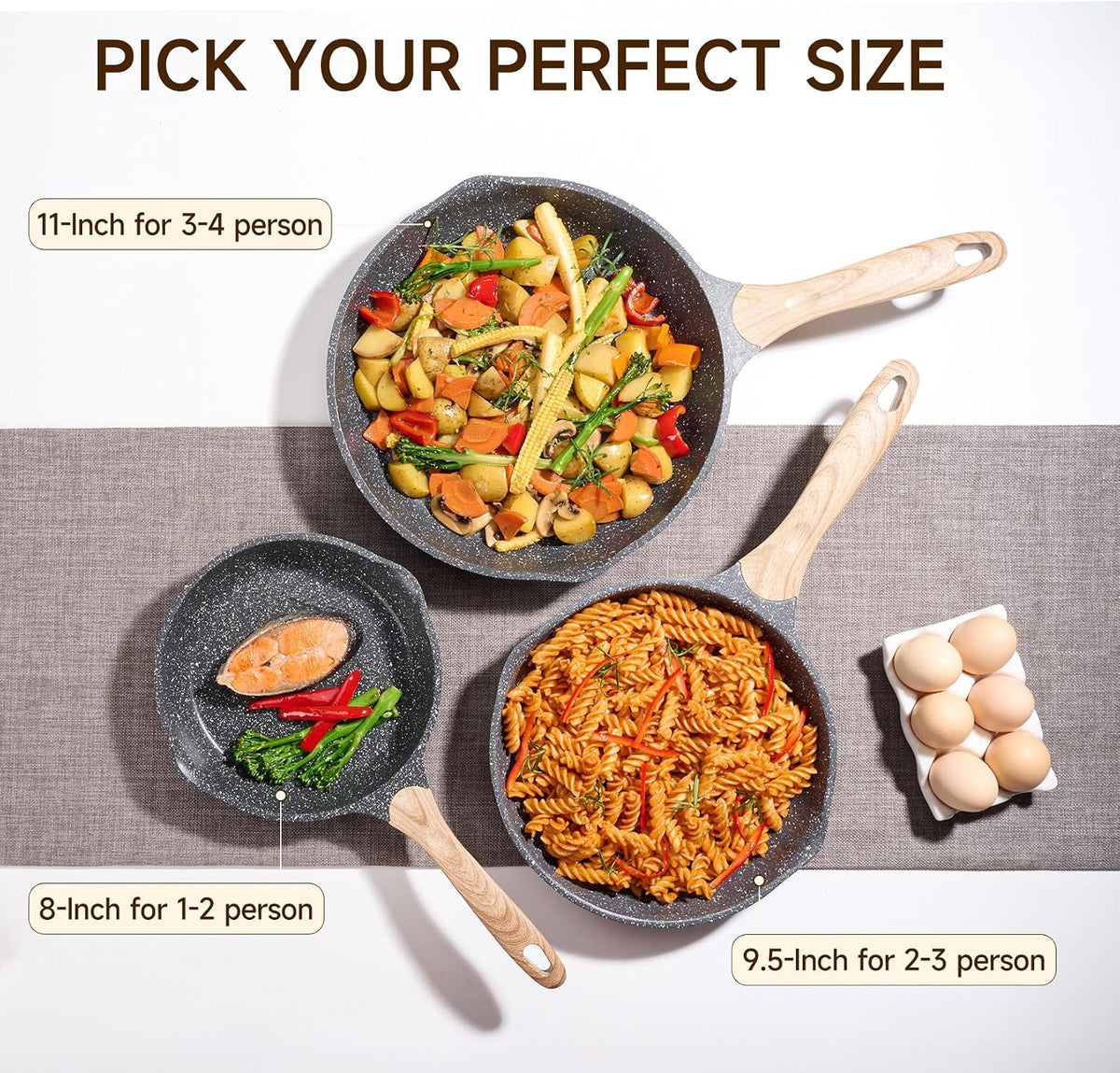 JEETEE Nonstick Frying Pans Set, Skillets Set 2 Pcs, 8" 10" Granite Non-Stick Frying pan, Nonstick Omelette Skillet with Soft Touch Handle, Grey