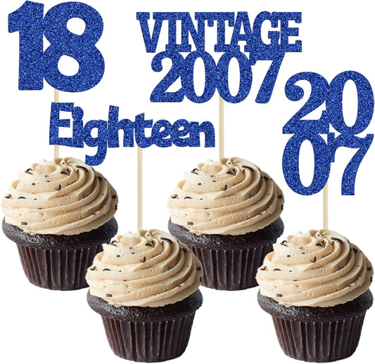 Gyufise 24Pcs 18th Birthday Cupcake Toppers Glitter Eighteen Vintage 2007 Adultish 18 Cupcake Picks Birthday Cake