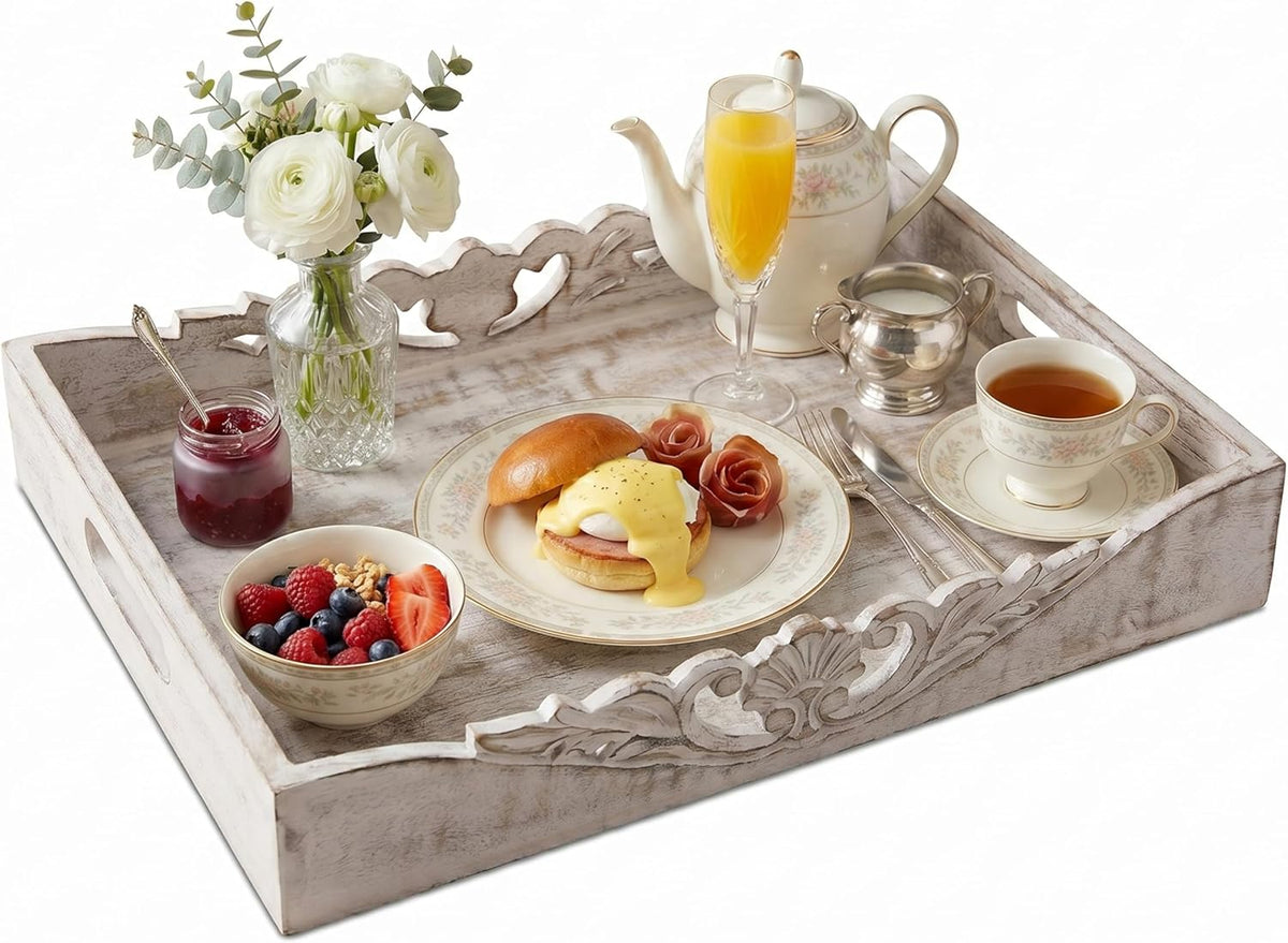 Mela Artisans Orchid Mango Wood Serving Tray - Distressed White, 16x12 in | Ottoman serving tray layout with handles, large handcrafted wooden board excellent for hot coffee, snacks and home décor.