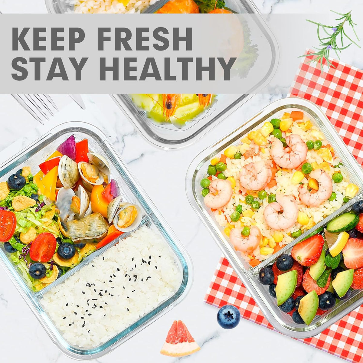 VERONES 5 Pack Glass Meal Prep Containers 2 Compartment Set, 36OZ Airtight Lunch Containers, Glass Food Storage Containers with Lids, for Microwave, Oven, Freezer & Dishwasher Friendly,White