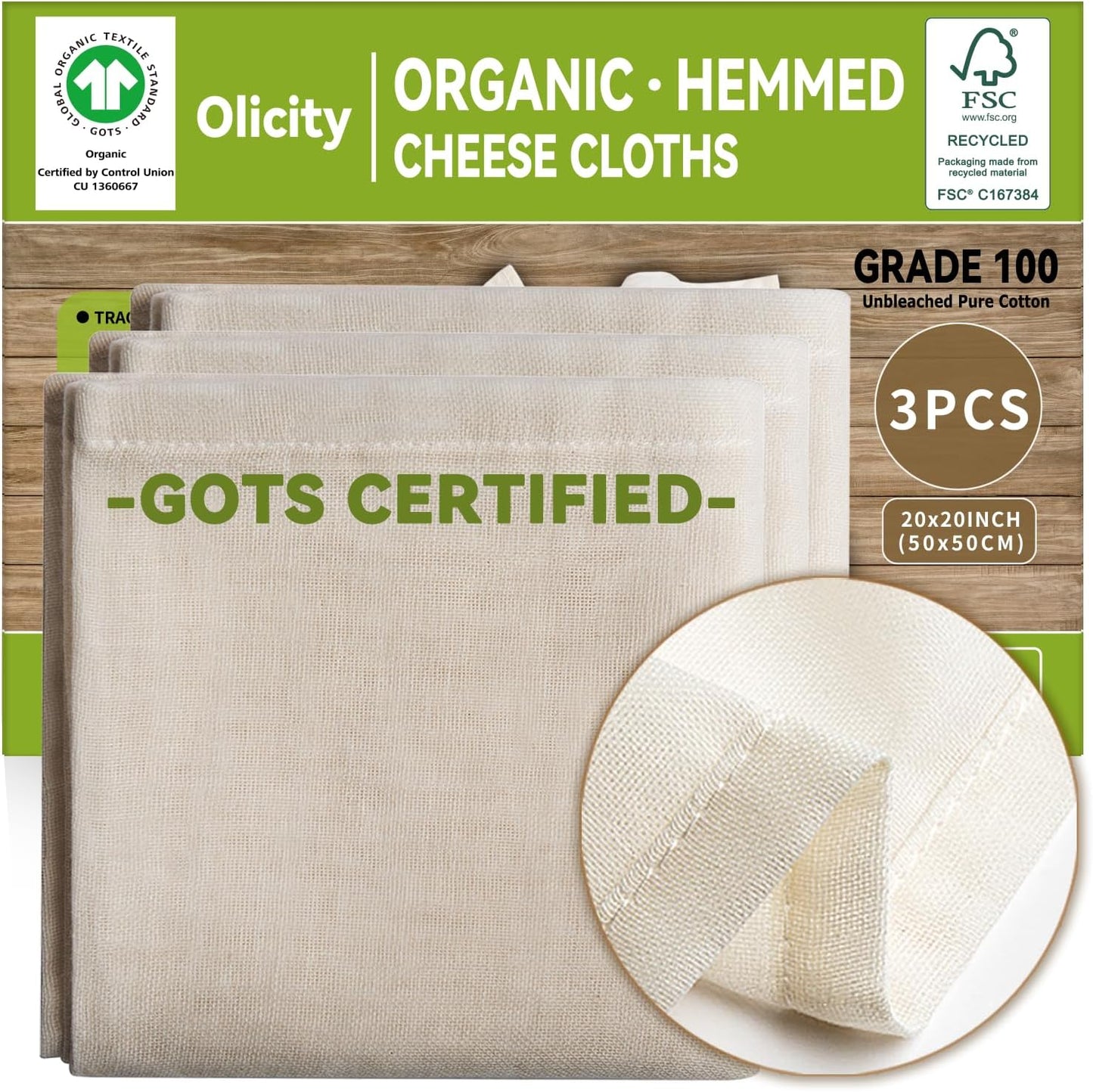 Organic Cheese Cloths, GOTS Certified, 3PCS, Grade 100, 20x20Inch Hemmed Cheese Cloth Fabric Reusabl