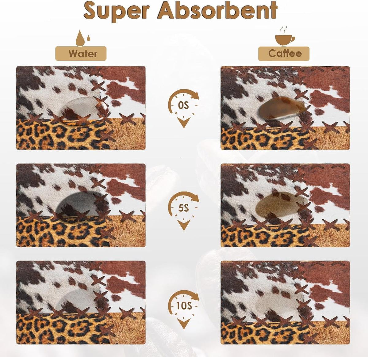 Arttown Coffee Mat for Countertops, 2 Pcs, 12" x 19" Cow Tiger | Leopard Patchwork Tribal Dish Drying Mats Rubber Backed, Kitchen Bar Accessories for Espresso Machine Rack Hide Stain