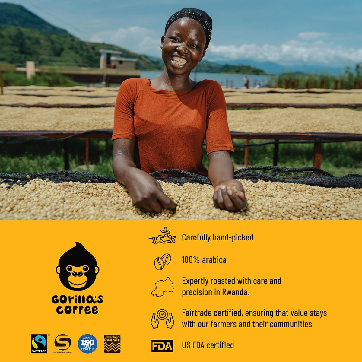 Gorilla's Coffee 100% Arabica - Medium Roast Ground Coffee, Fair Trade, Smooth, Balanced, Aromatic, Spice &amp; Luscious Fruit Notes | Premium Rwandan Coffee | Rich, Flavorful, and Aromatic (500g/17.6oz)
