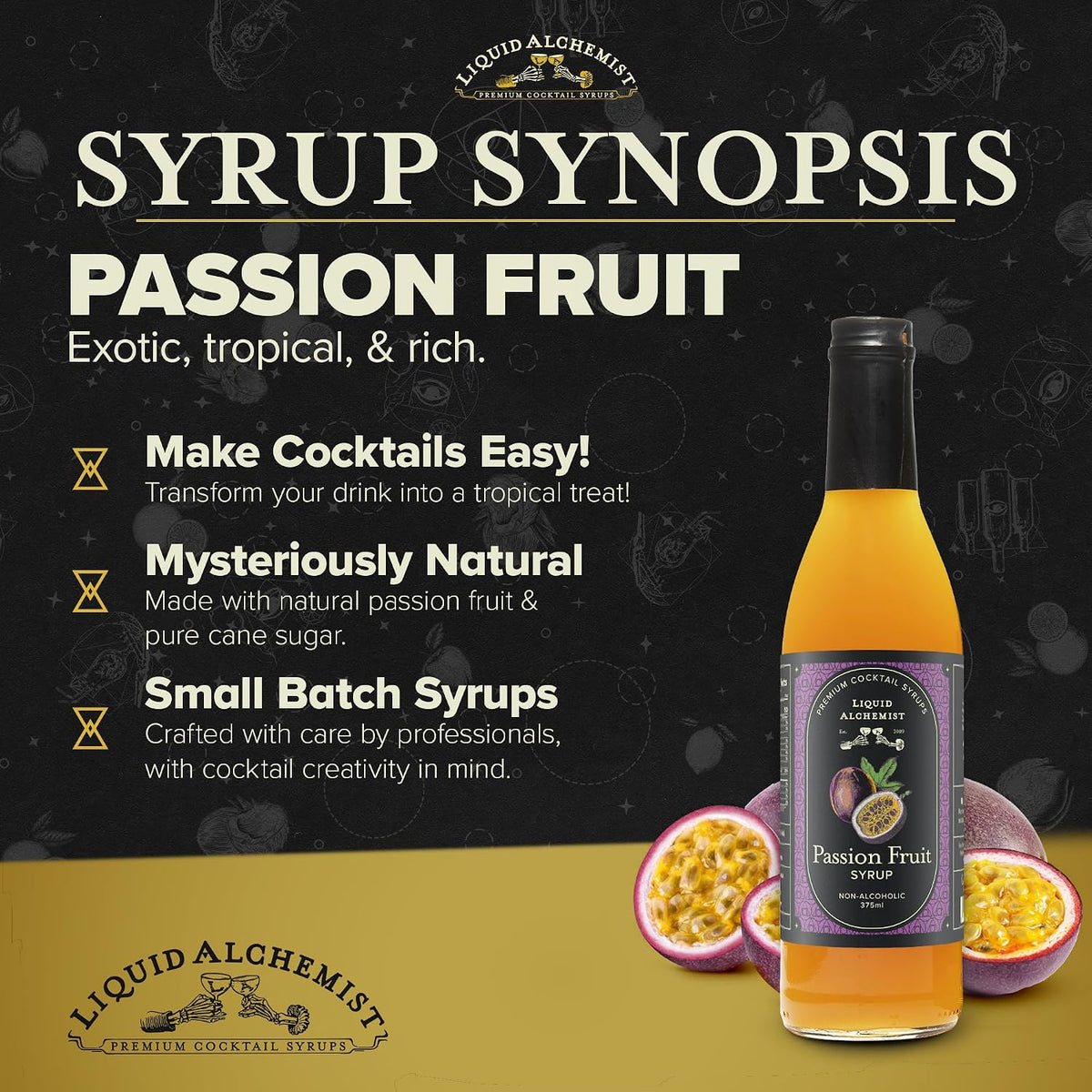 Liquid Alchemist Passion Fruit Syrup for Cocktails - Real Ingredients Make our Passion Fruit Syrup for Drinks the Perfect Margarita Mix | Small Batch Non-GMO Vegan Drink Mixer | 12.7 Oz, Pack of 1