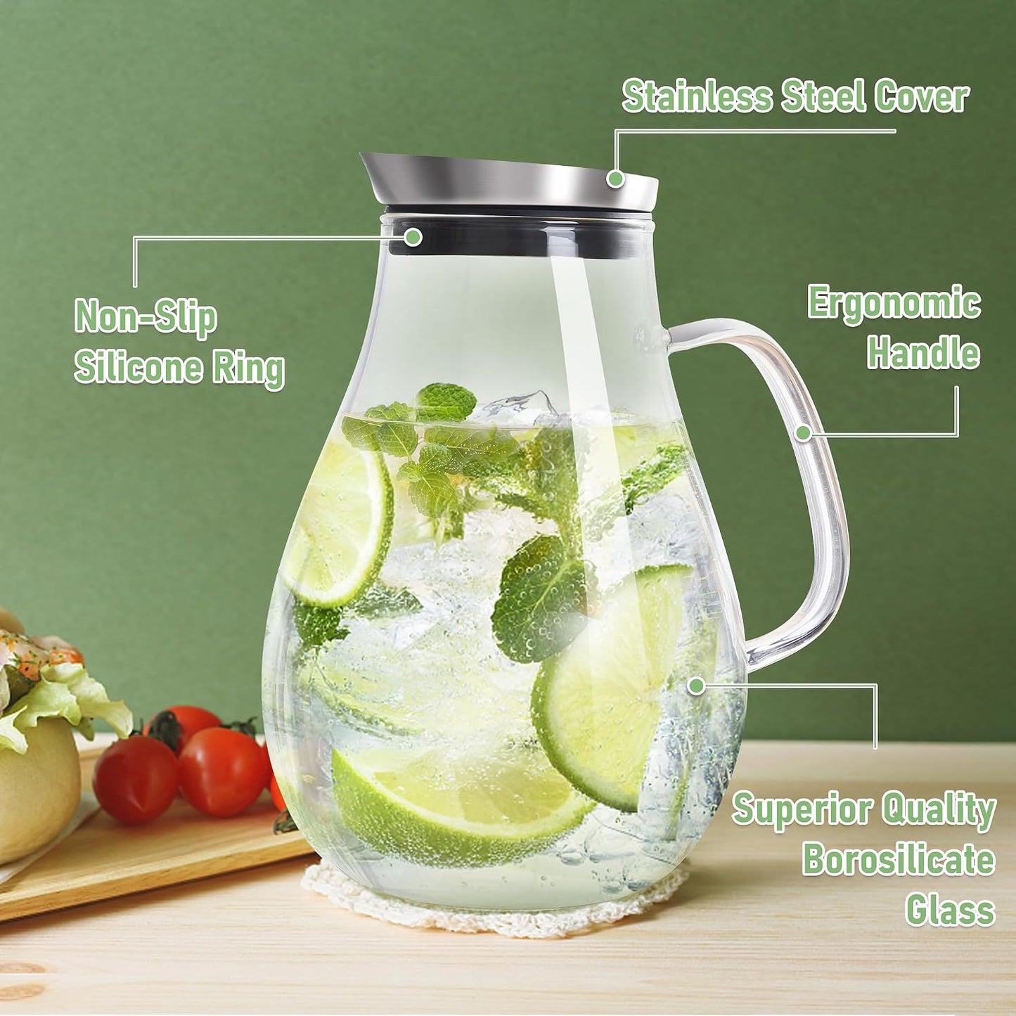 SUSTEAS 2 Liter 68oz Glass Pitcher with Lid and Handle, Removable Lid | Beverage Carafe for Cold/Hot Drink, Water Pitcher for Fridge, Iced Tea, Coffee, Juice, 1 Long-Handled Brush Included
