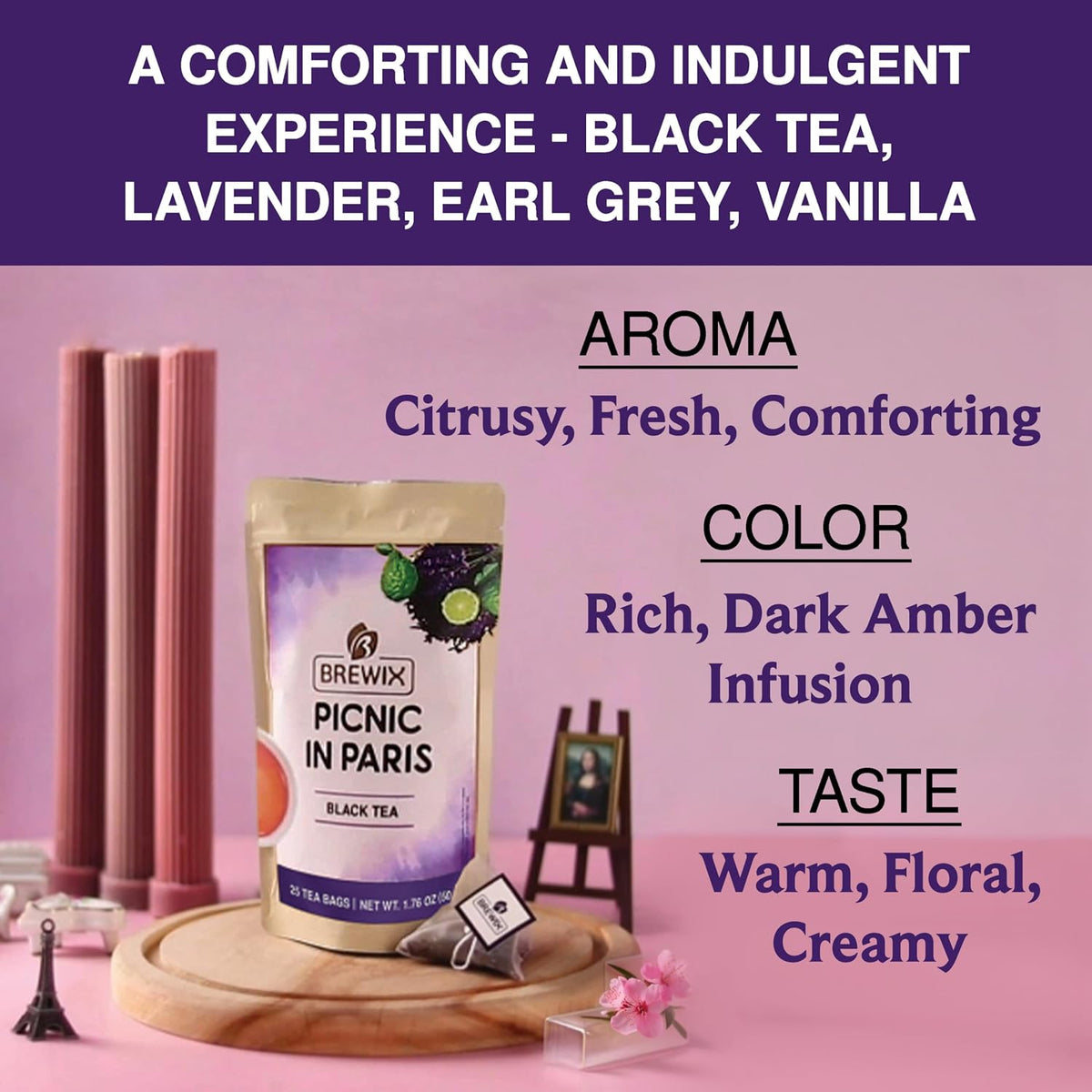 BREWIX, Earl Grey Lavender Tea Bags (25 Whole-Leaf Pyramid Sachets) | London Fog Black Tea with Natural Bergamot, Lavender &amp; Vanilla | Floral, Aromatic &amp; Caffeinated, Hot, Iced or Latte | Picnic in Paris