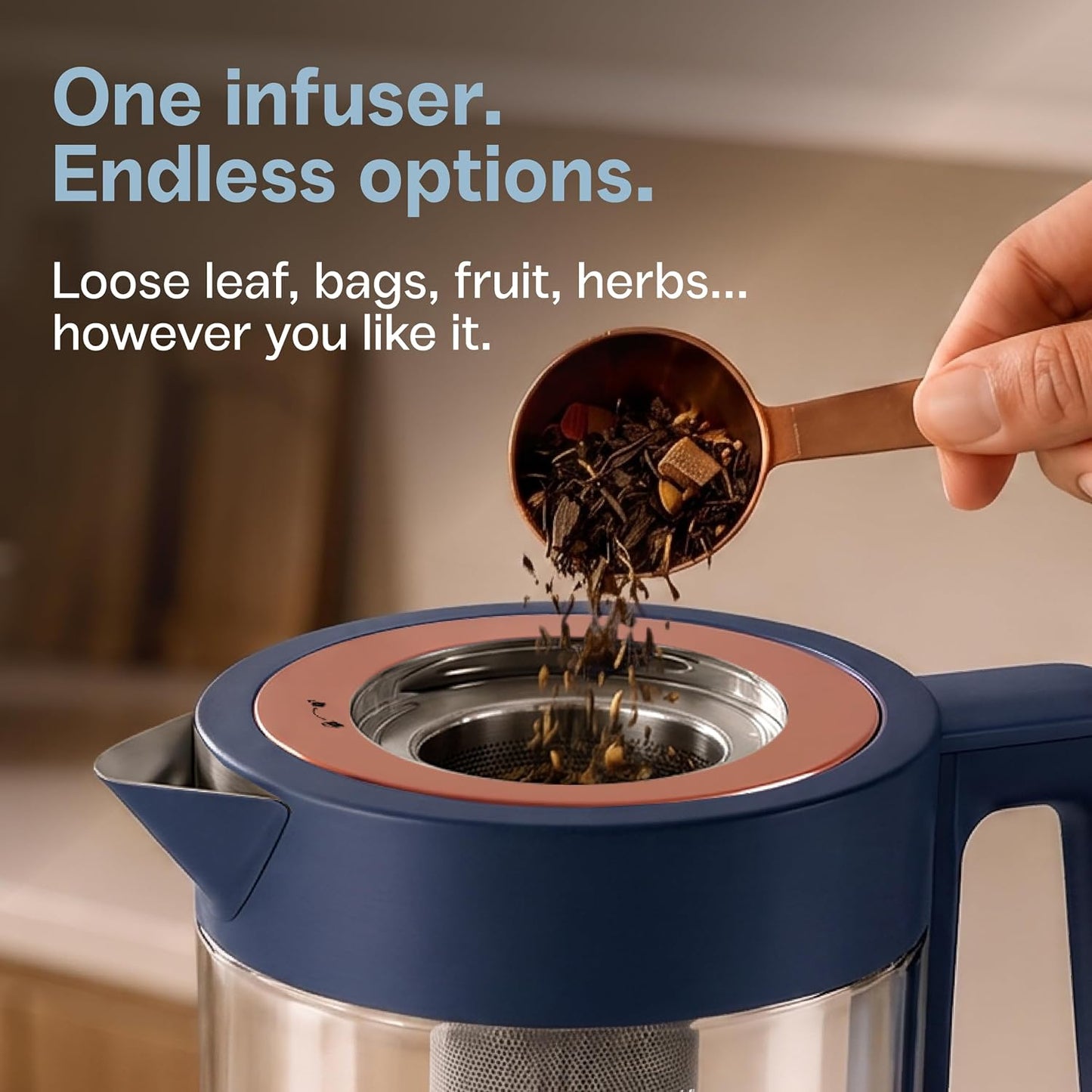 Viante Alba Electric Tea Kettle, Infuser, No Plastic, 1.5L, Midnight Blue