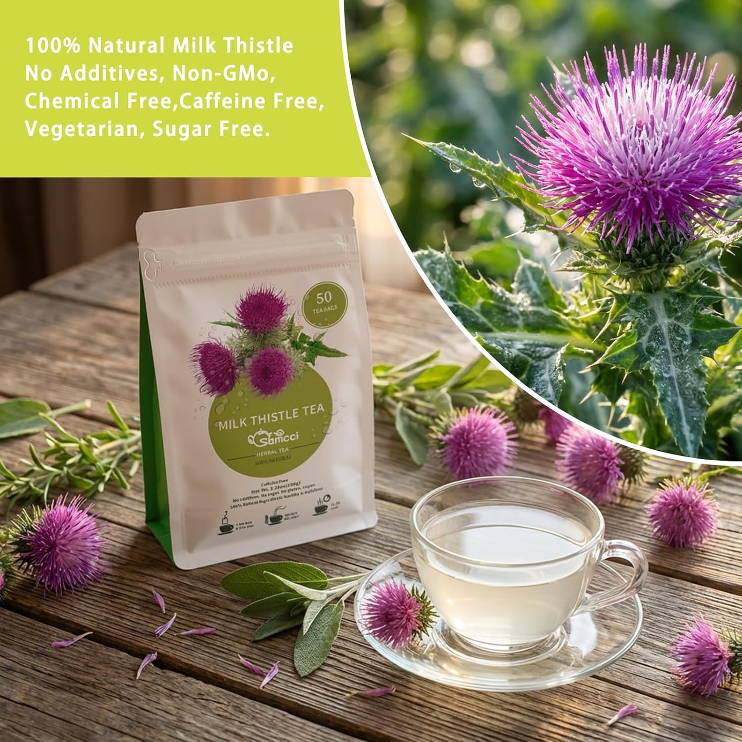 Samcci Milk Thistle Tea Bags, 50 Count, 3g/bag, Te De Cardo Mariano | 100% Natural Milk Thistle Seeds Support Liver Herbal Tea, Caffeine Free, No Additives, No Sugar, Non-GMO, No Gluten