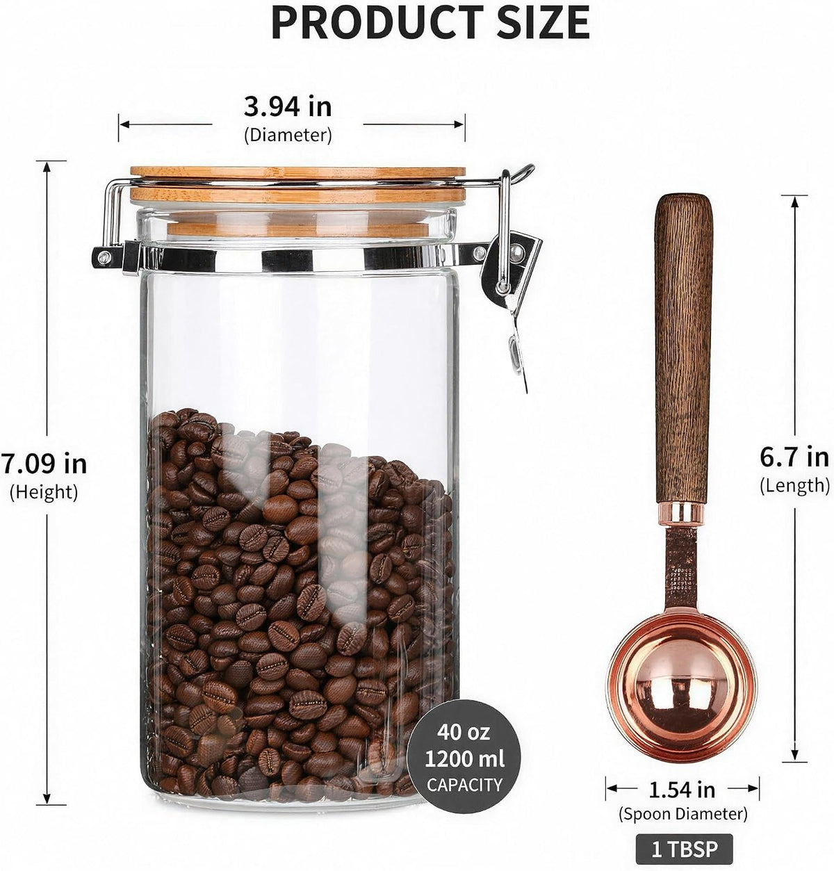 KKC HOME ACCENTS 40 oz Glass Coffee Container (Holds 1 lb Coffee Beans) with Airtight Bamboo Lid and 1 Tbsp Wood Spoon - Clear Coffee Jar Canister for Grounds Storage, Aesthetic Kitchen Counter Decor