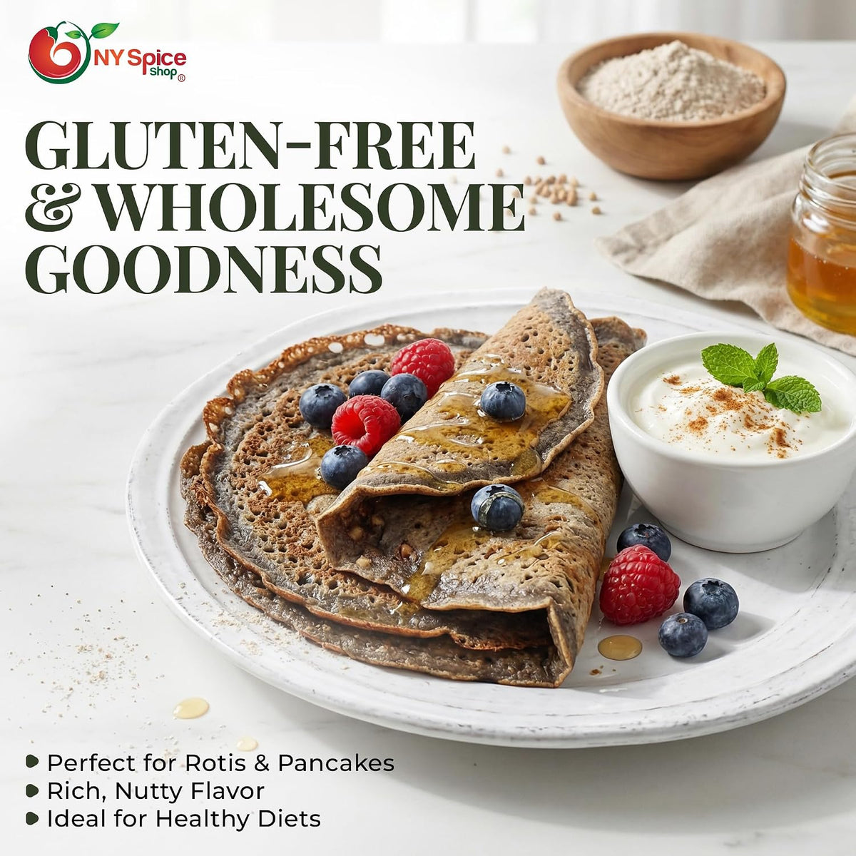 NY Spice Shop Buckwheat Flour - 1 Pound Ground Buckwheat Flour - Finely Ground Kuttu Ka Atta Groats - Natural Buck Wheat