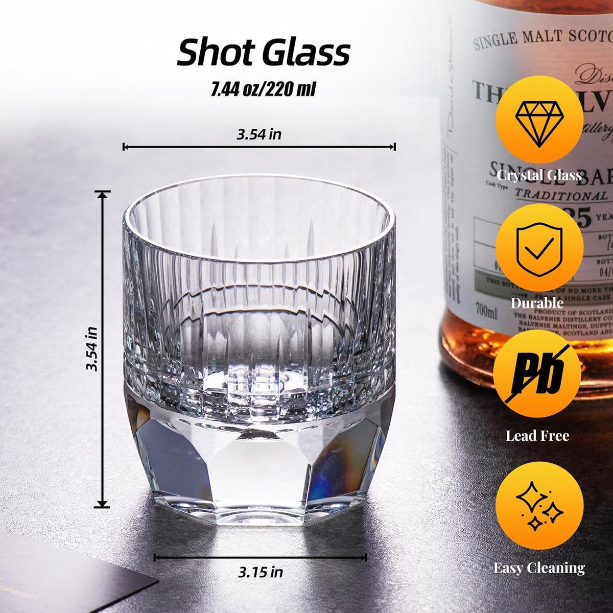 KAMMAK Crystal Whiskey Glasses Set of 2, 7.44oz Old Fashioned Glasses Stemless, Luxury Hand Blown White Cocktail Glasses, Handcrafted Cut Design Octagon Cup for Women, Men Gift for Bourbon