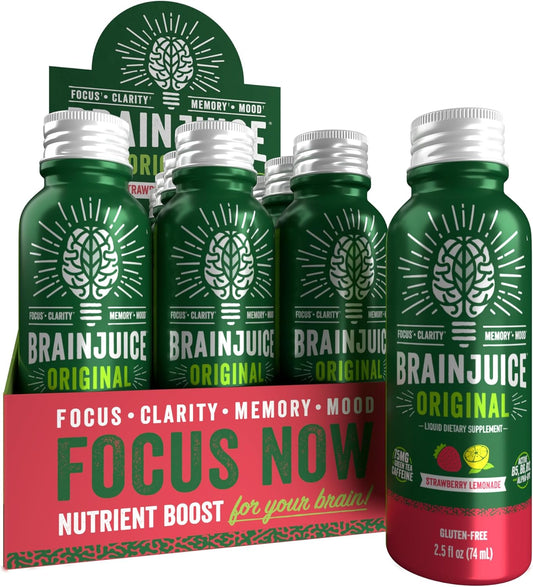 BrainJuice Energy & Focus Shot, Gluten Free Supplement, Healthy Drinks with Alpha GPC, Vitamin B & Organic Green Tea Extract