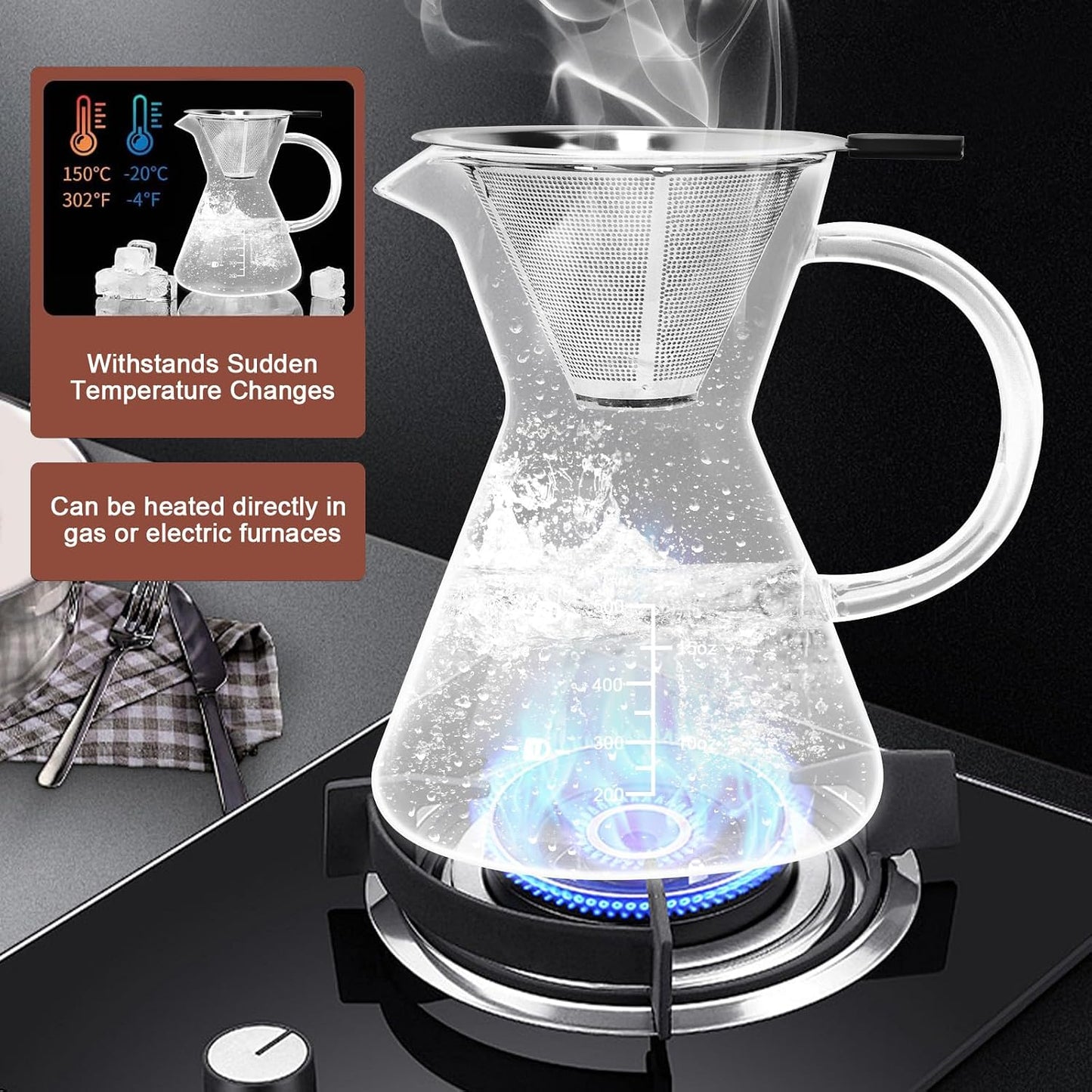 17oz/500ML Glass Pour Over Coffee Maker &amp; Stainless Filter | Double Stainless,Thickened Heat-Resistant Borosilicate Glass,Plastic Free Pour Over Coffee Dripper for Home,Camping