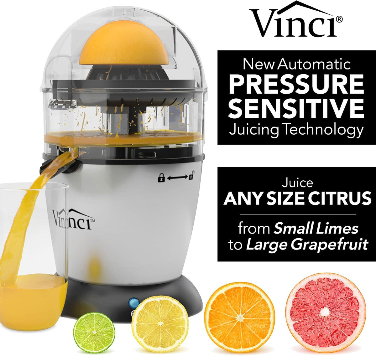 Vinci Hands Free Electric Citrus Juicer, 1-Button Juicer Machine, Orange Lime Grapefruit Lemon Squeezer, Easy to Clean Orange Juicer Squeezer, Black/Stainless Steel