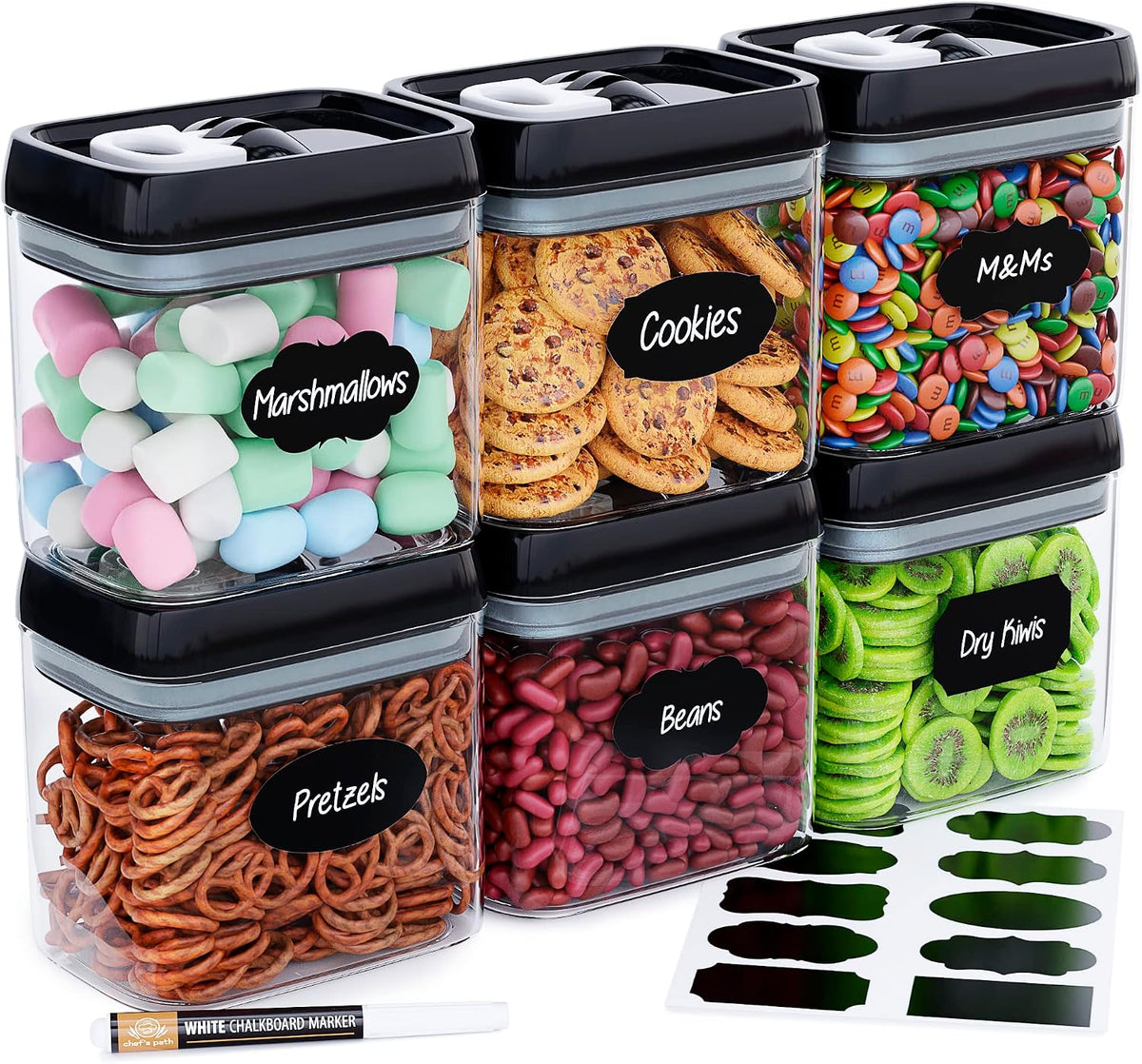 Chef's Path - Airtight Storage Boxes Set - 10 Labels and Markers - Kitchen and Pantry Storage - BPA Free - Plastic Storage Boxes with Upgraded Lids (6 Pieces - 1.5L)