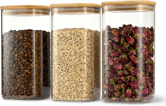 52oz Airtight Glass Square Storage Canister with Bamboo Lid Set of 3 (1550ml) Container Stackable Spice Jar, Kitchen